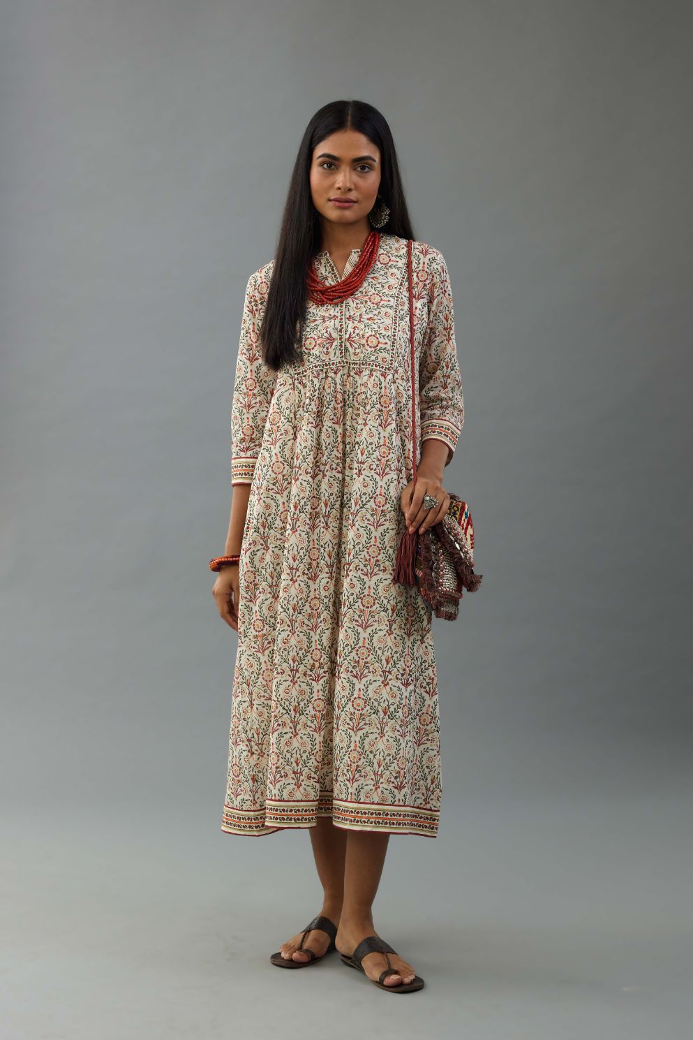 Red & green hand block printed kurta set dress with fine gathers at waistline.