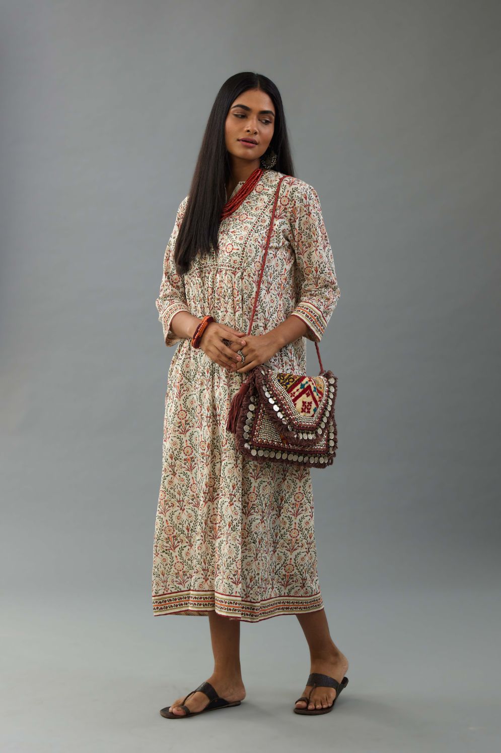 Red & green hand block printed kurta set dress with fine gathers at waistline.