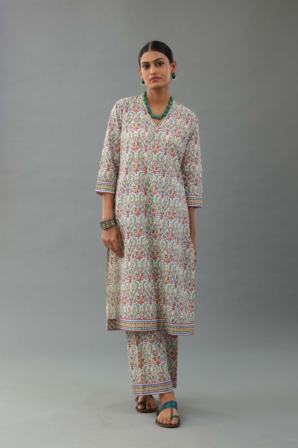 Blue & pink cotton mid length straight kurta set with all over hand block print.