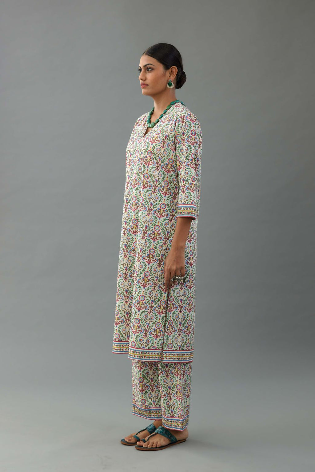 Blue & pink cotton mid length straight kurta set with all over hand block print.