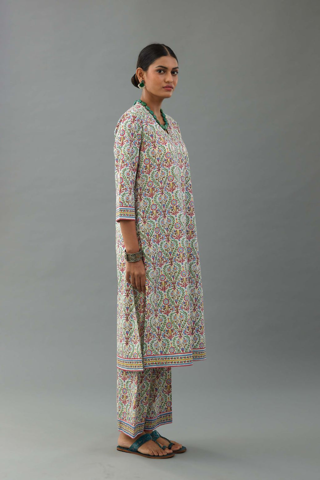 Blue & pink cotton mid length straight kurta set with all over hand block print.