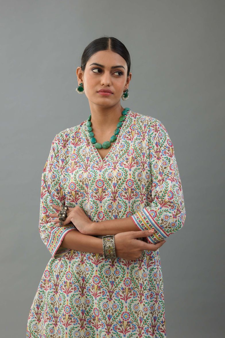 Blue & pink cotton mid length straight kurta set with all over hand block print.