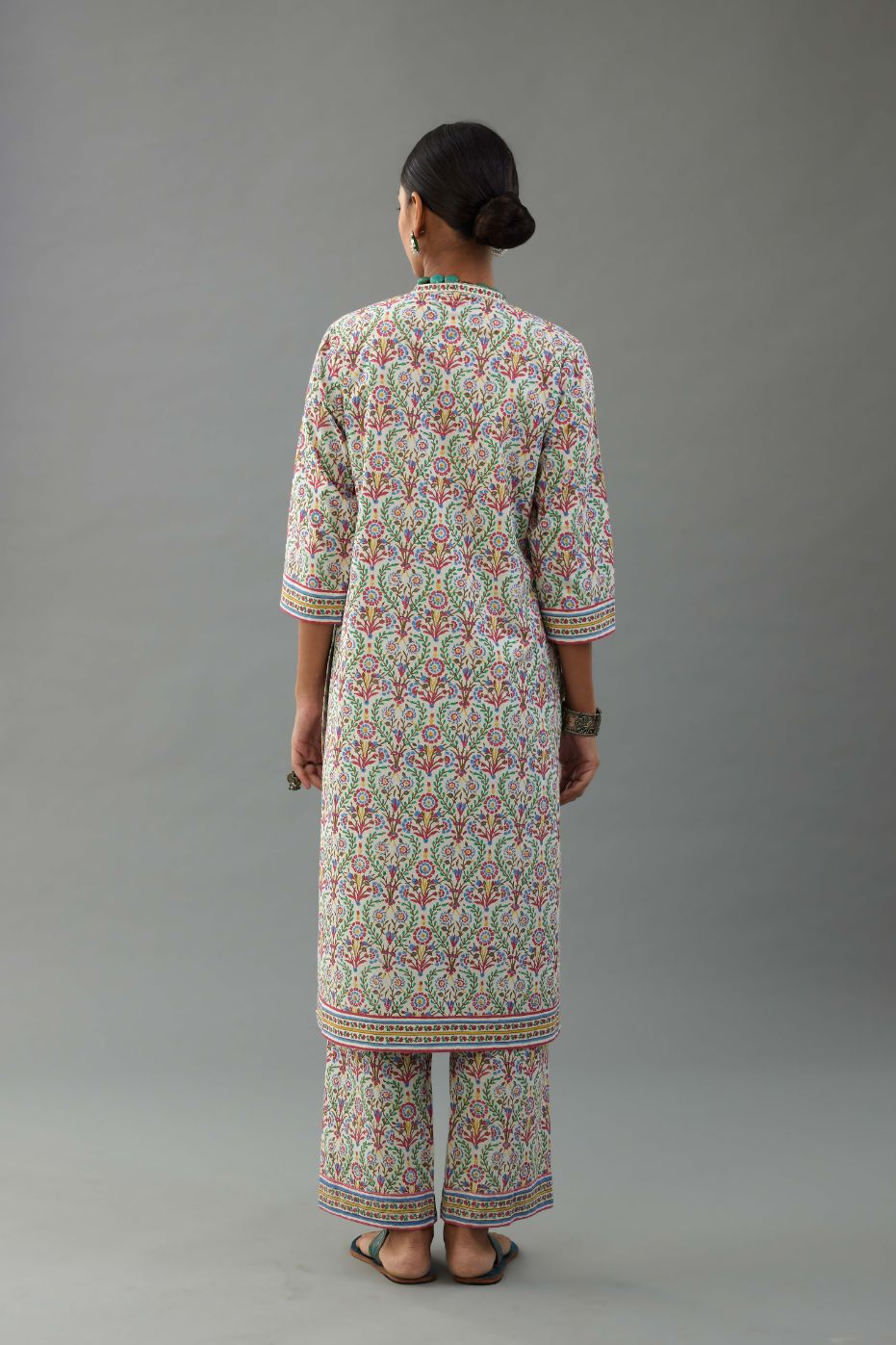 Blue & pink cotton mid length straight kurta set with all over hand block print.