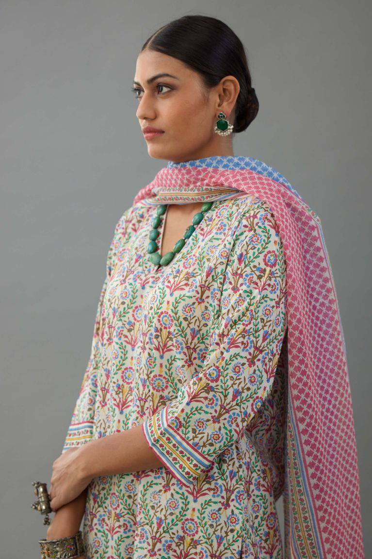 Blue and pink hand block printed Cotton Chanderi dupatta.