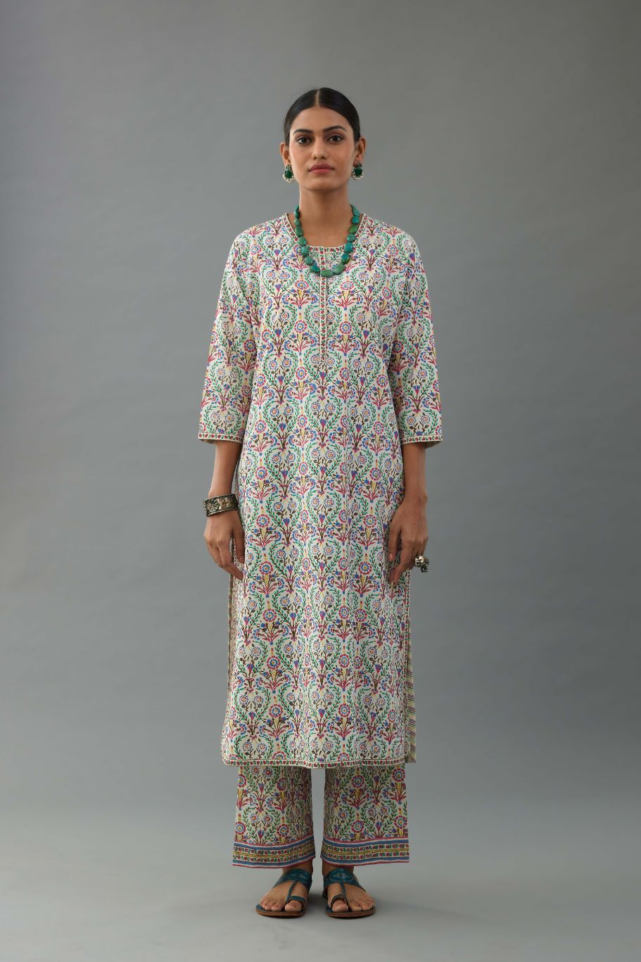 Blue & pink hand block printed cotton straight kurta with all-over multi colored jaal print.