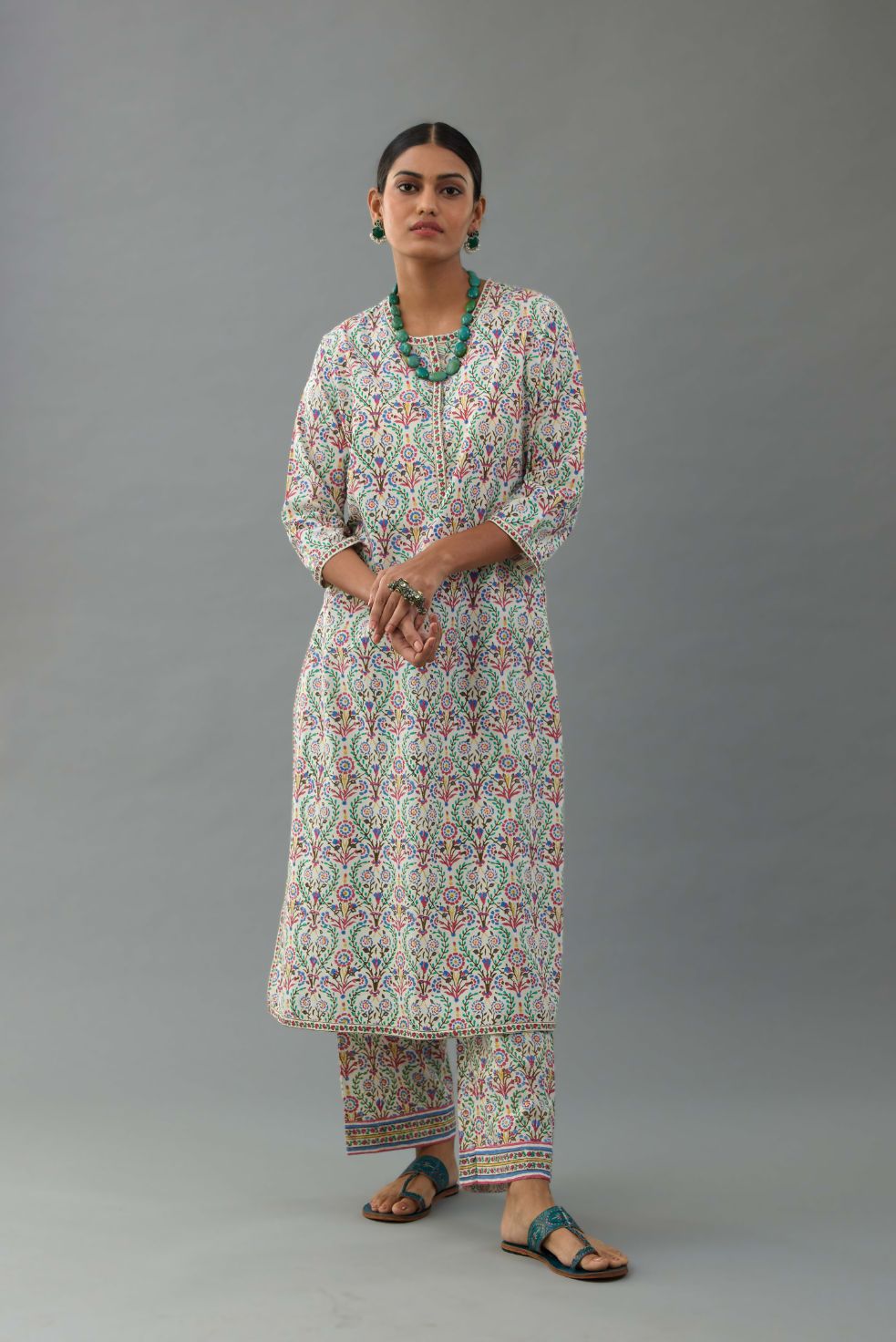 Blue & pink hand block printed cotton straight kurta with all-over multi colored jaal print.