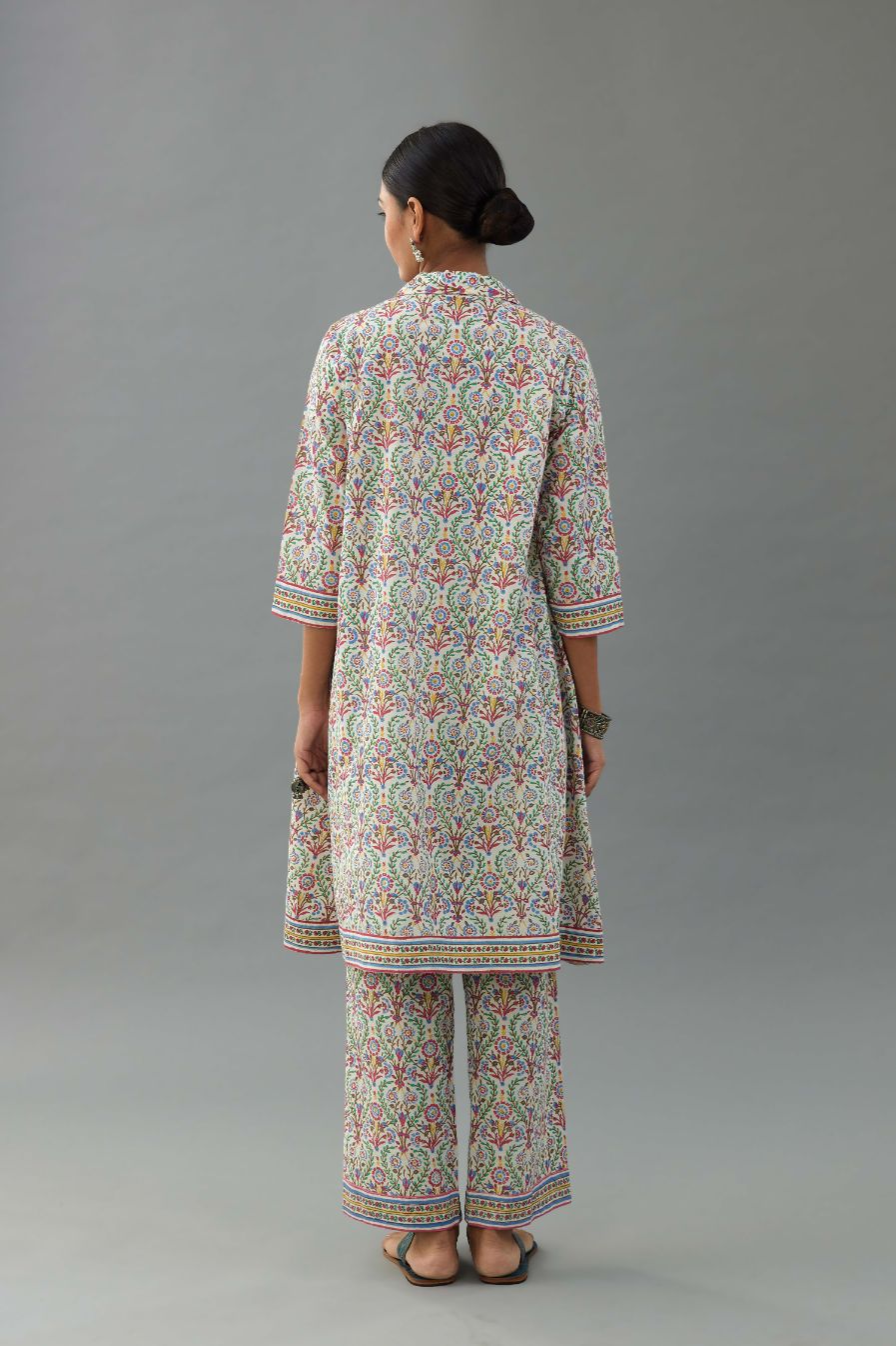 Blue & pink cotton A-line short kurta with all over multi colored jaal hand block print.