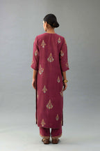Wine silk chanderi straight kurta set with zari, dori and contrast silk thread embroidered bootas, highlighted with gold sequins work.