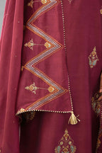 Wine Silk chanderi dupatta in chevron pattern embroidery with contrast silk thread and dori at the sides.