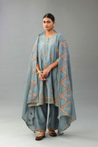 Light blue Silk chanderi dupatta in chevron pattern embroidery with contrast silk thread and dori at the sides.