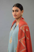 Light blue silk chanderi straight kurta set with zari, dori and contrast silk thread embroidered bootas, highlighted with gold sequins work.