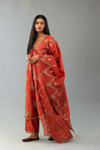 Rust Silk chanderi dupatta in chevron pattern embroidery with contrast silk thread and dori at the sides.