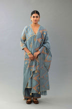 Light blue Silk chanderi dupatta in chevron pattern embroidery with contrast silk thread and dori at the sides.