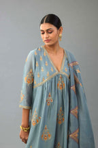 Light blue Silk chanderi dupatta in chevron pattern embroidery with contrast silk thread and dori at the sides.