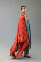 Light blue silk chanderi kurta-dress set with all-over zari, dori and contrast silk thread embroidery, highlighted with gold sequins work.
