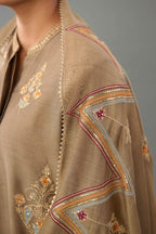 Taupe Silk Chanderi short kurta set with collar and front placket, detailed with delicate gold embroidery is done around the placket and collar.