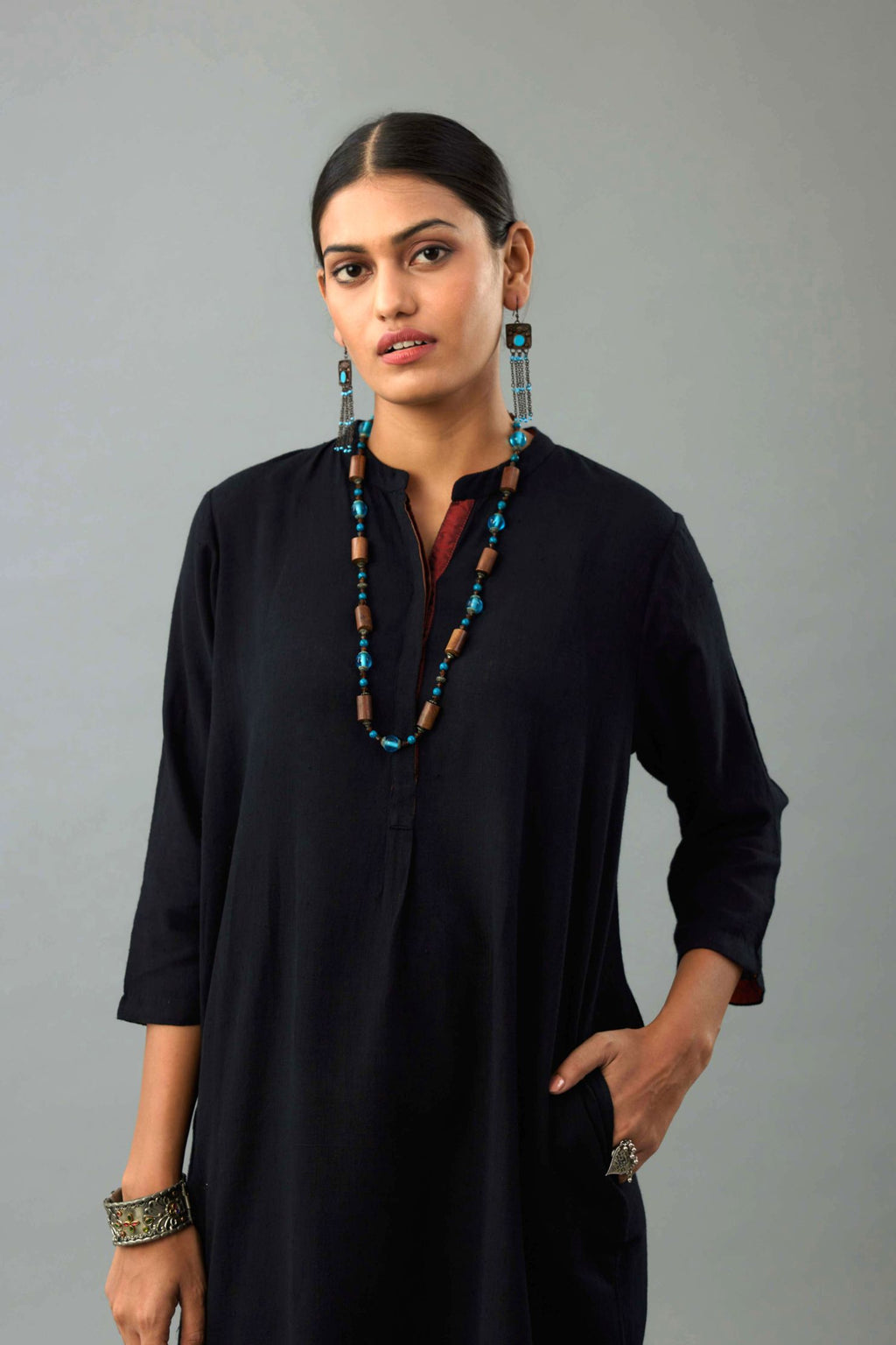 Black Handloom Cotton kurta set with collar neckline and 3/4 sleeves.