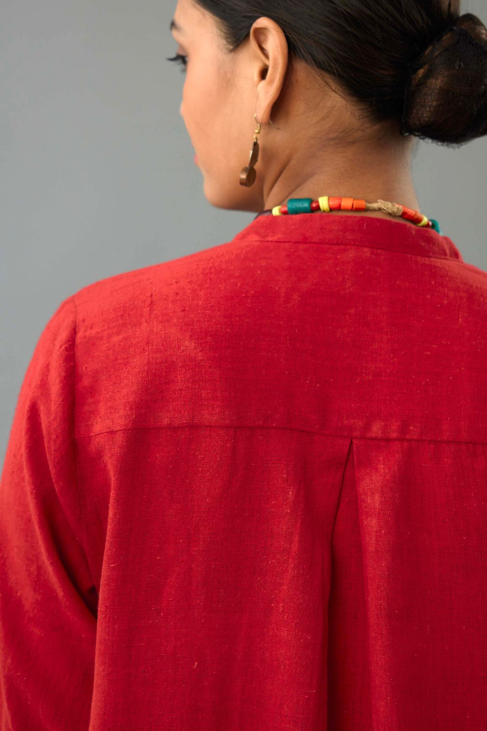 Red Handloom Cotton kurta set with collar neckline and 3/4 sleeves.