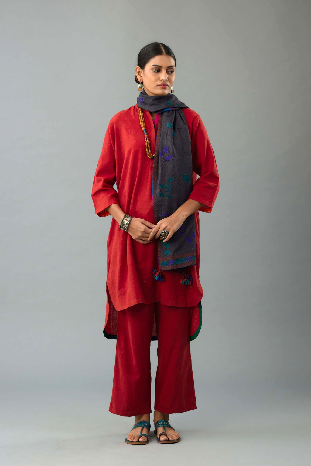 Red Handloom Cotton kurta set with collar neckline and 3/4 sleeves.