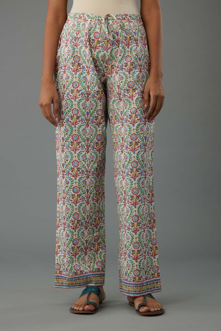 Blue & pink cotton short top with all-over hand block print, paired with blue and pink hand block printed cotton straight pants.