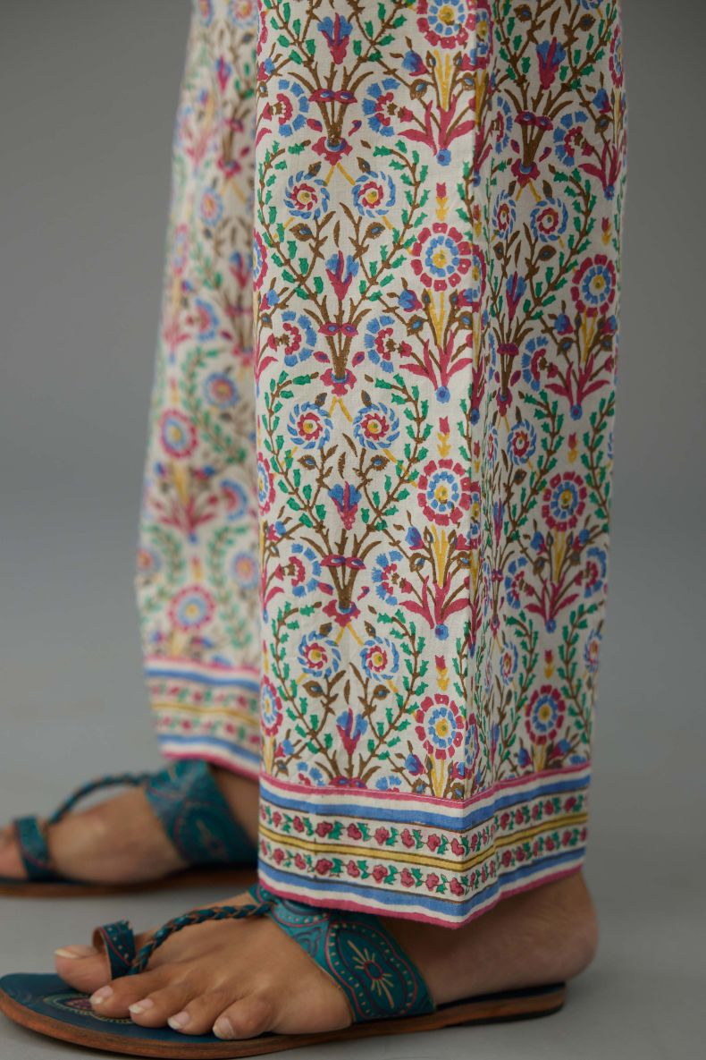 Blue & pink cotton mid length straight kurta set with all over hand block print.