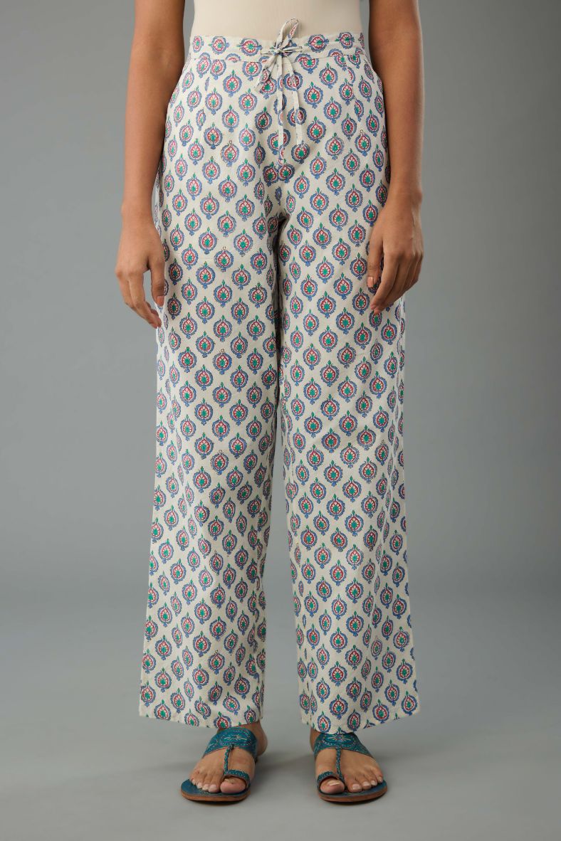 Blue and pink hand block printed cotton straight pants.