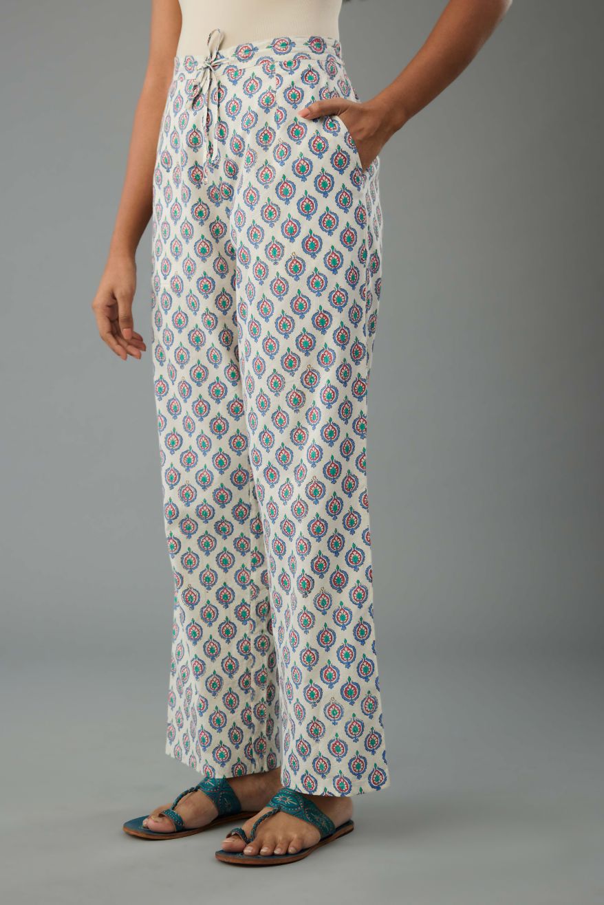 Blue and pink hand block printed cotton straight pants.