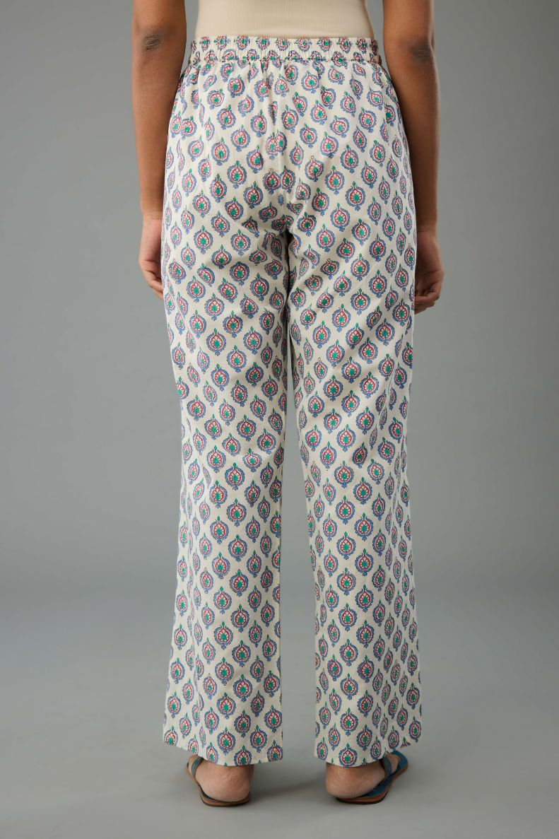 Blue and pink hand block printed cotton straight pants.