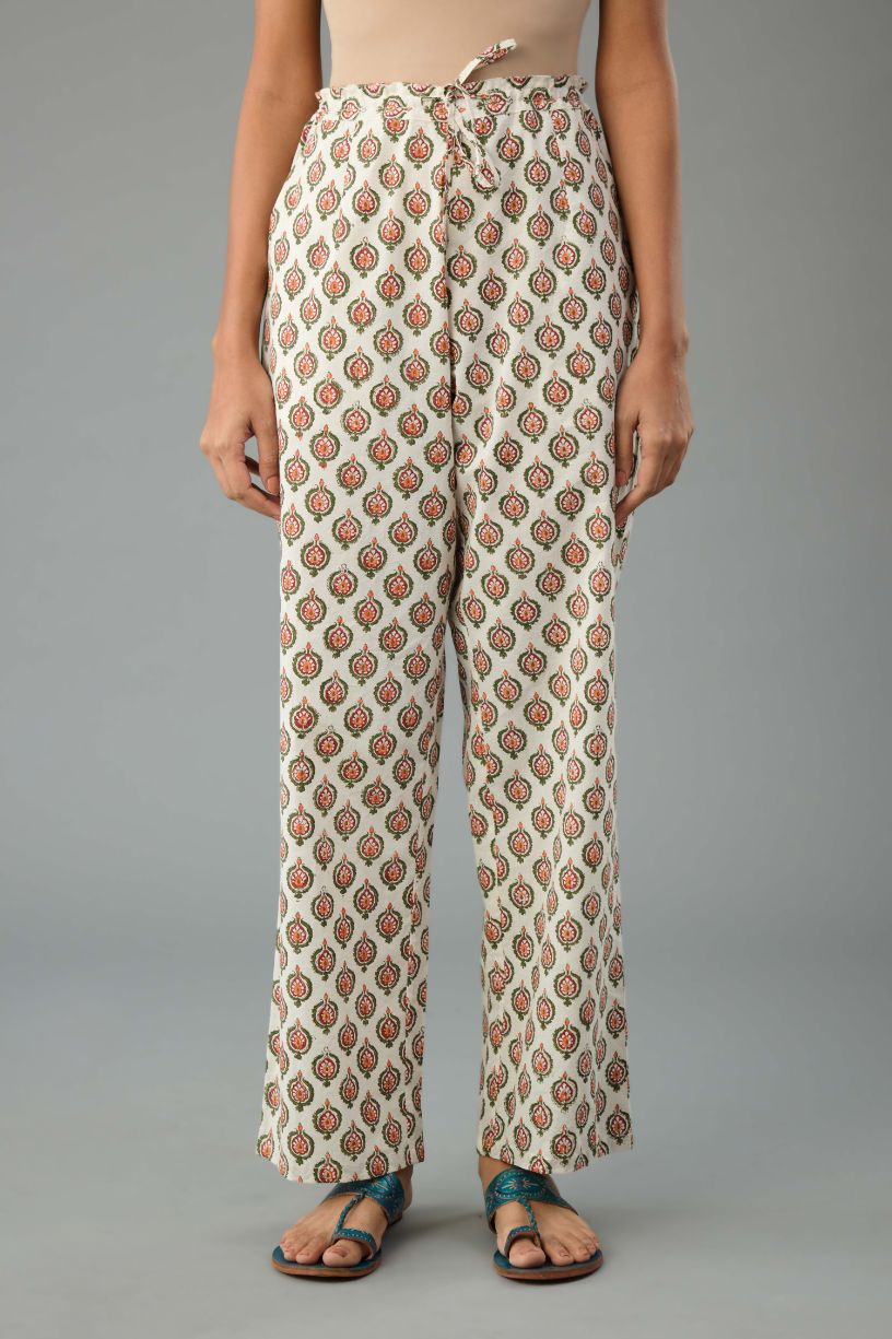 Red and green hand block printed cotton straight pants.