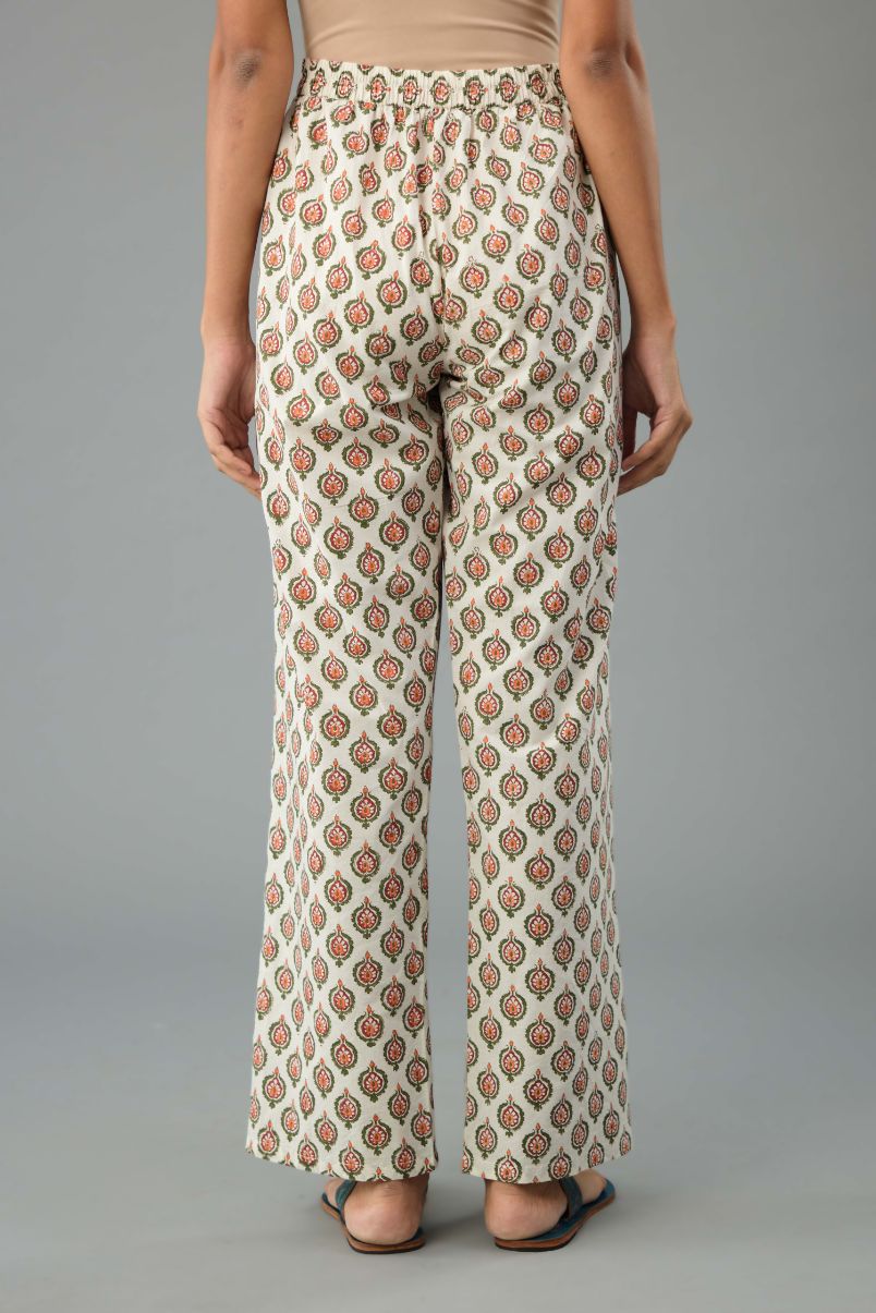 Red and green hand block printed cotton straight pants.