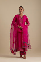 Fuchsia silk straight long kurta set with side panels, highlighted with dull gold zari and sequins handwork.