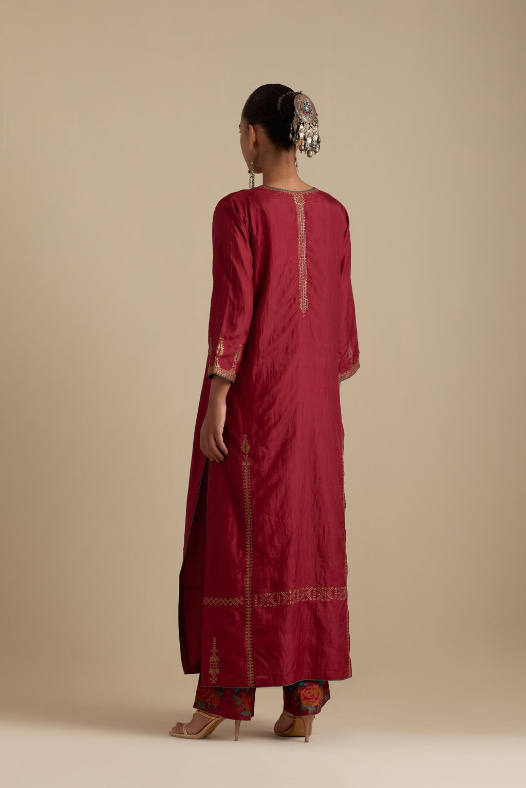 Barn red silk straight kurta set, highlighted with dull gold zari and sequins handwork