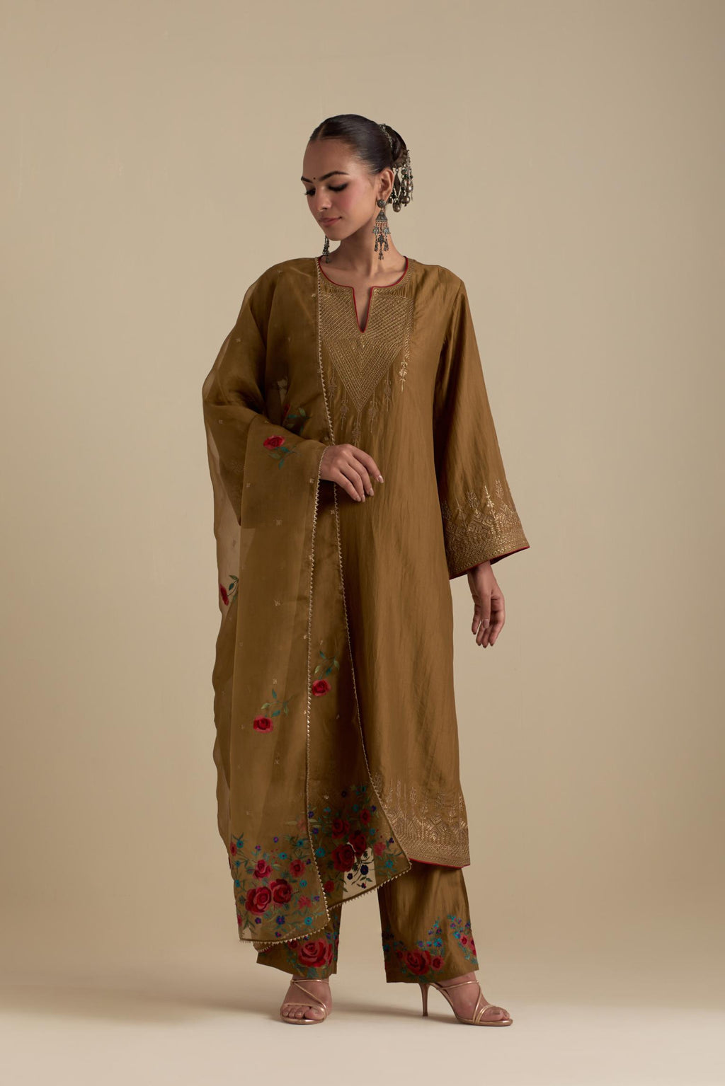 Olive silk organza dupatta, highlighted with delicate dull gold sequins work and all-over thread embroidery roses, with a large bunch at the dupatta corners.