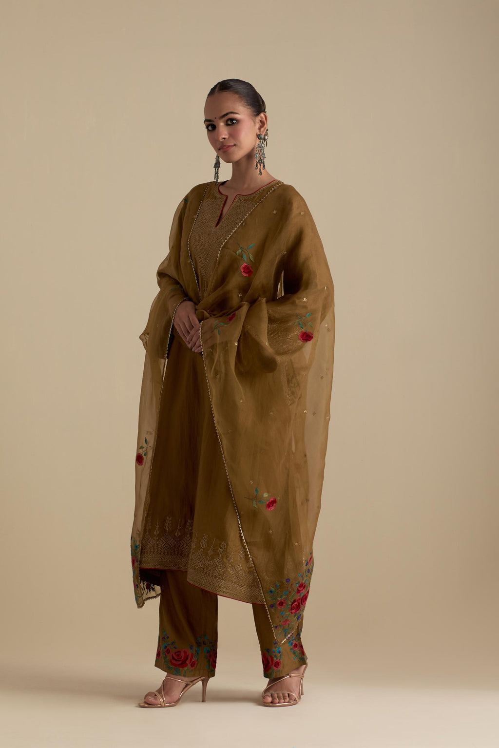 Olive silk organza dupatta, highlighted with delicate dull gold sequins work and all-over thread embroidery roses, with a large bunch at the dupatta corners.