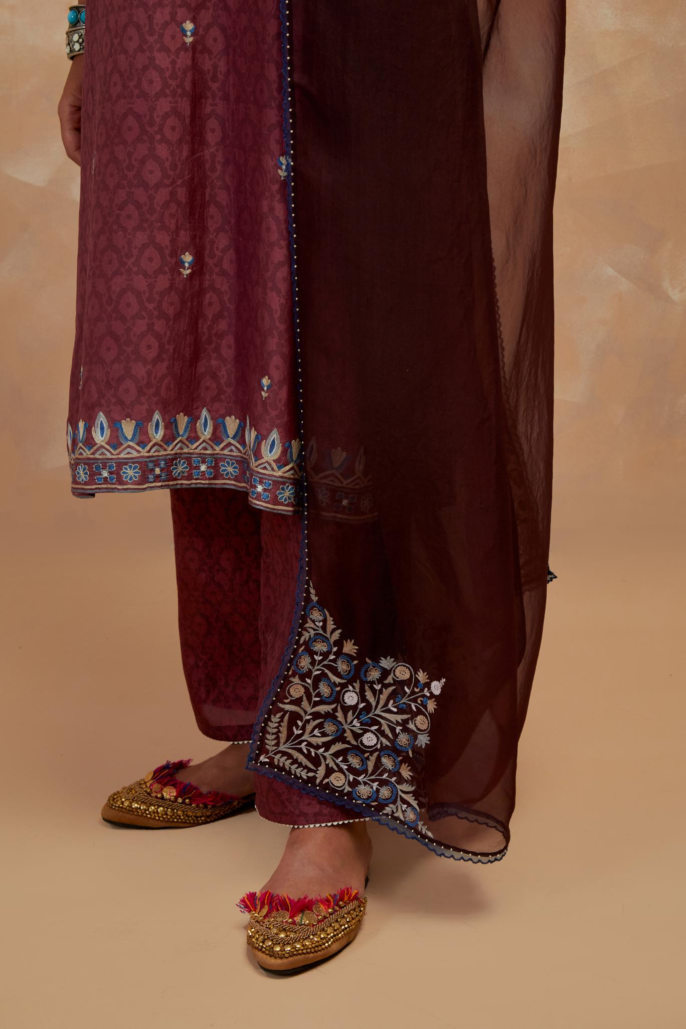 Dark Brown silk organza dupatta with multi colored silk thread embroidery at dupatta all four corners.
