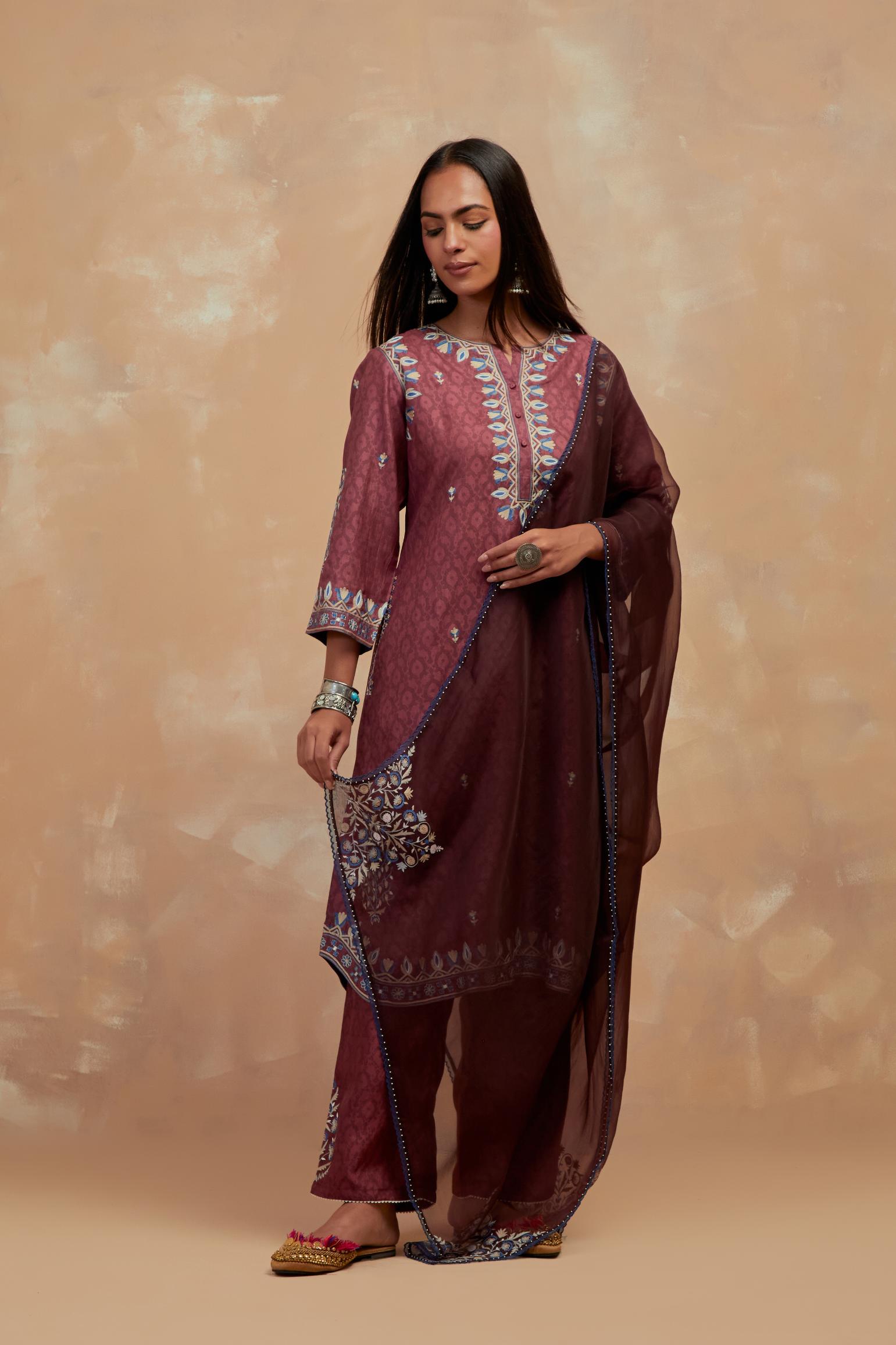 Dark Brown silk organza dupatta with multi colored silk thread embroidery at dupatta all four corners.