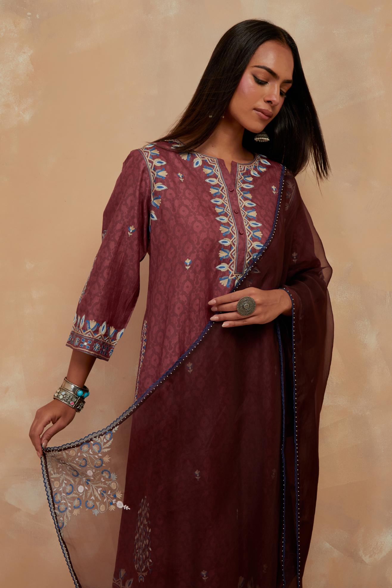 Dark Brown silk organza dupatta with multi colored silk thread embroidery at dupatta all four corners.