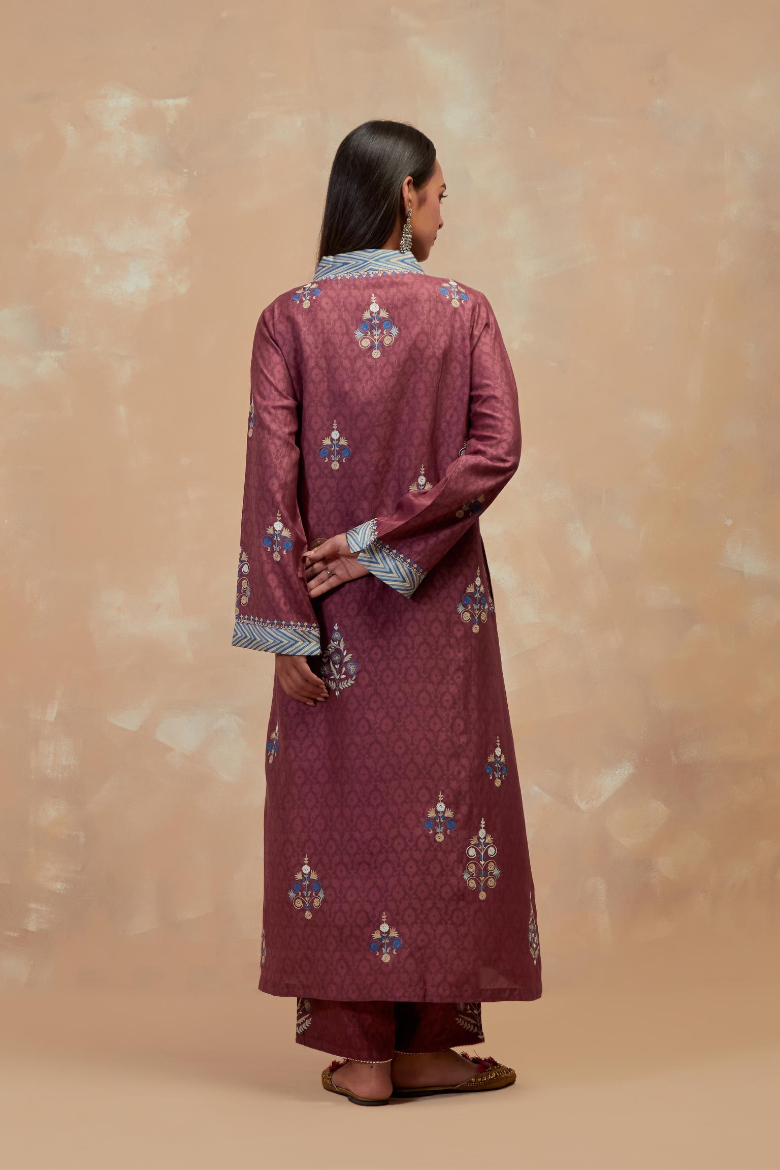 Deep berry silk hand block printed easy fit kurta set, highlighted multicolored silk thread embroidery.