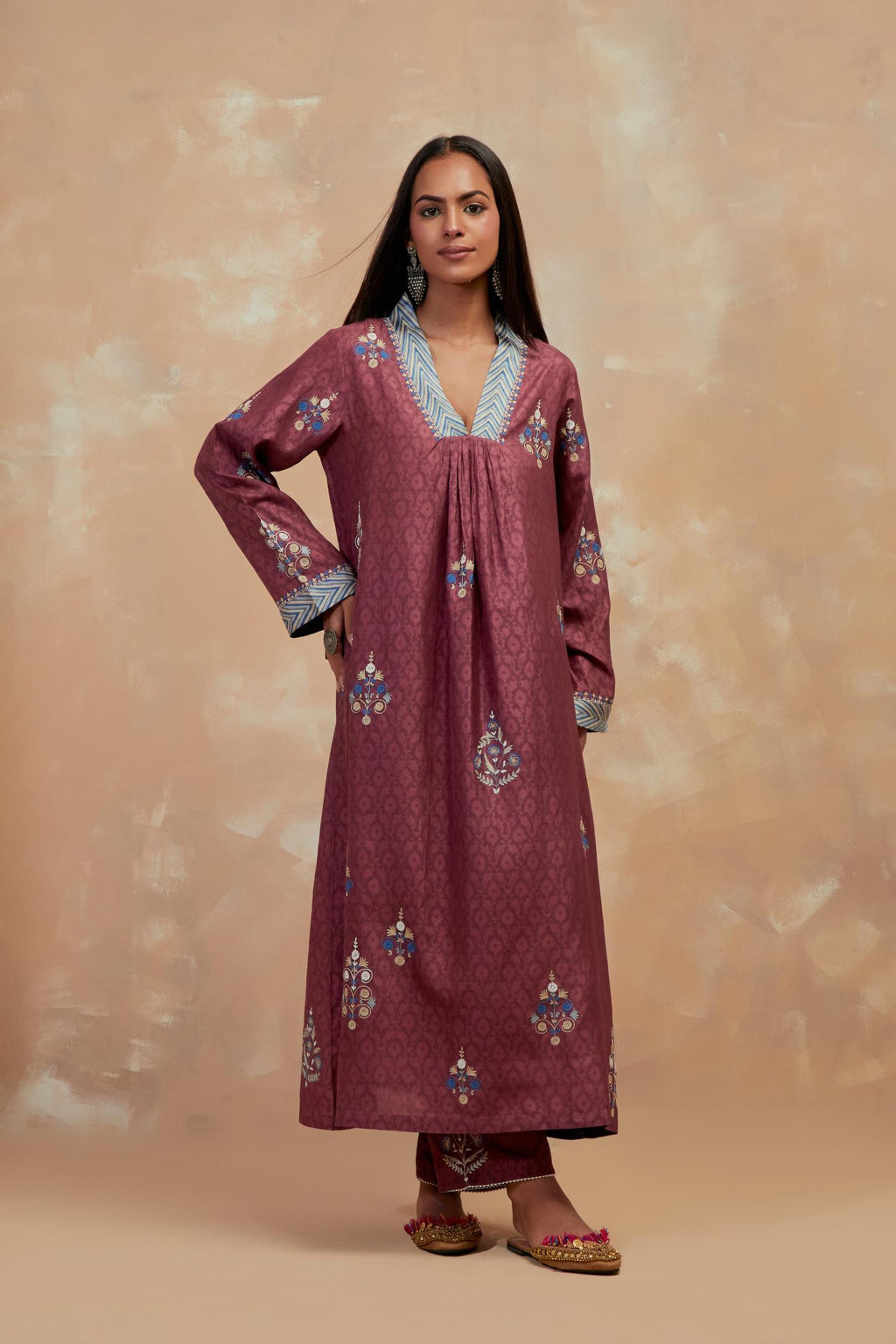 Deep berry silk hand block printed easy fit kurta set, highlighted multicolored silk thread embroidery.