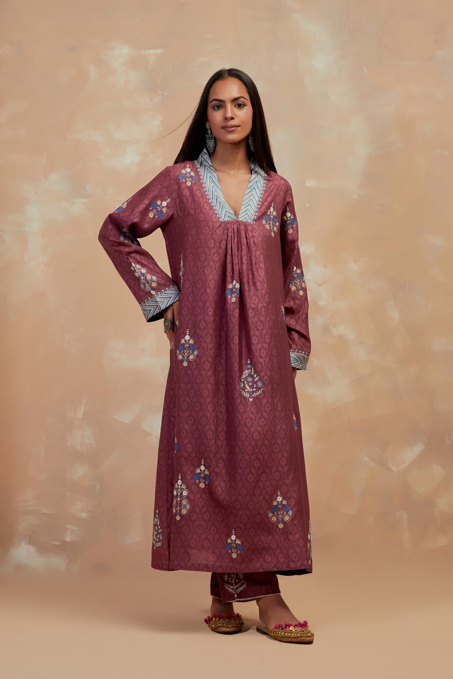 Deep berry silk hand block printed easy fit kurta set, highlighted multicolored silk thread embroidery.