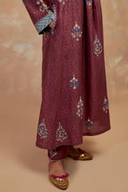 Deep berry silk hand block printed easy fit kurta set, highlighted multicolored silk thread embroidery.