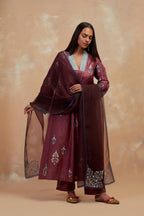 Deep berry silk hand block printed easy fit kurta set, highlighted multicolored silk thread embroidery.