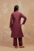 Deep berry silk, quilted mid- length front open jacket with all-over hand block print.
