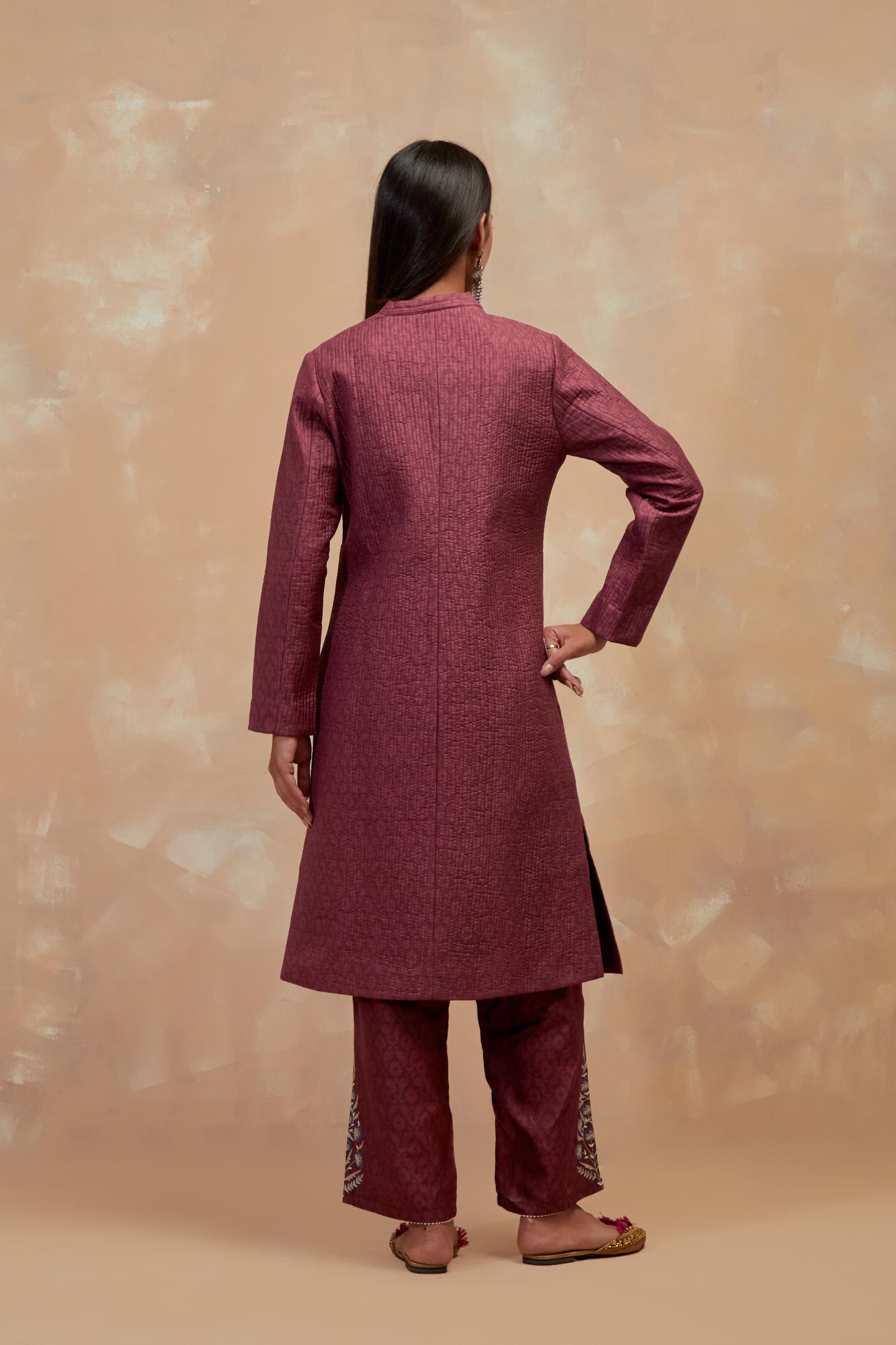 Deep berry silk, quilted mid- length front open jacket with all-over hand block print.