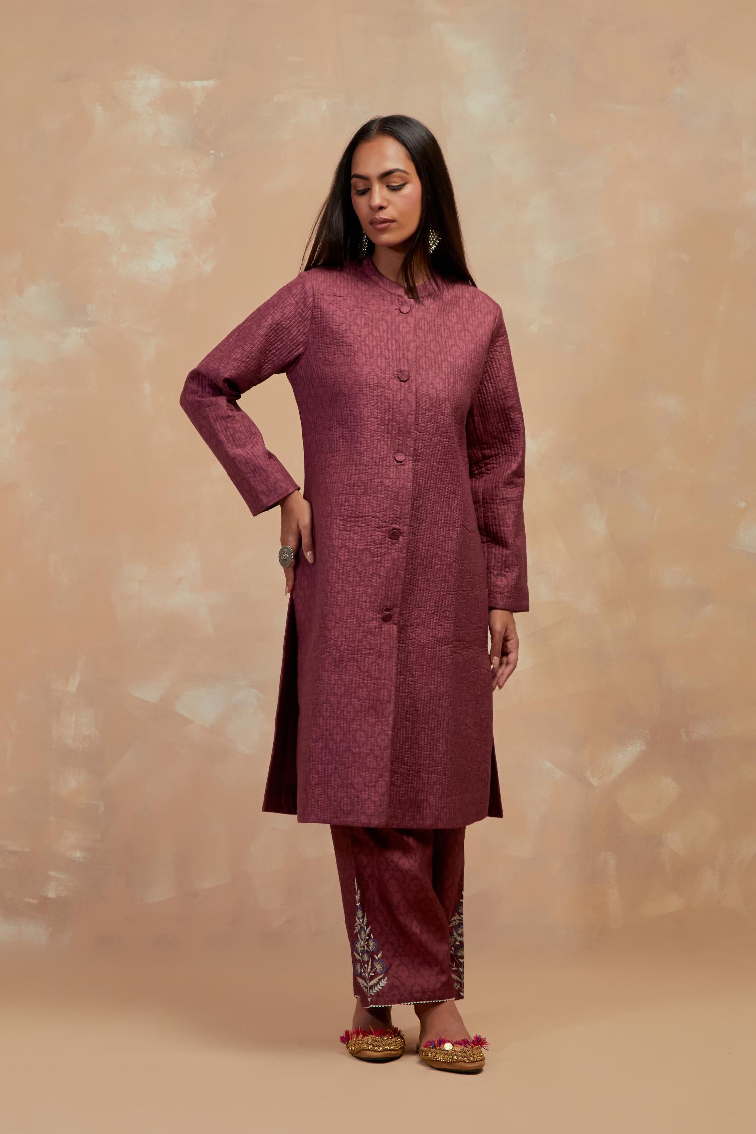 Deep berry silk, quilted mid- length front open jacket with all-over hand block print.