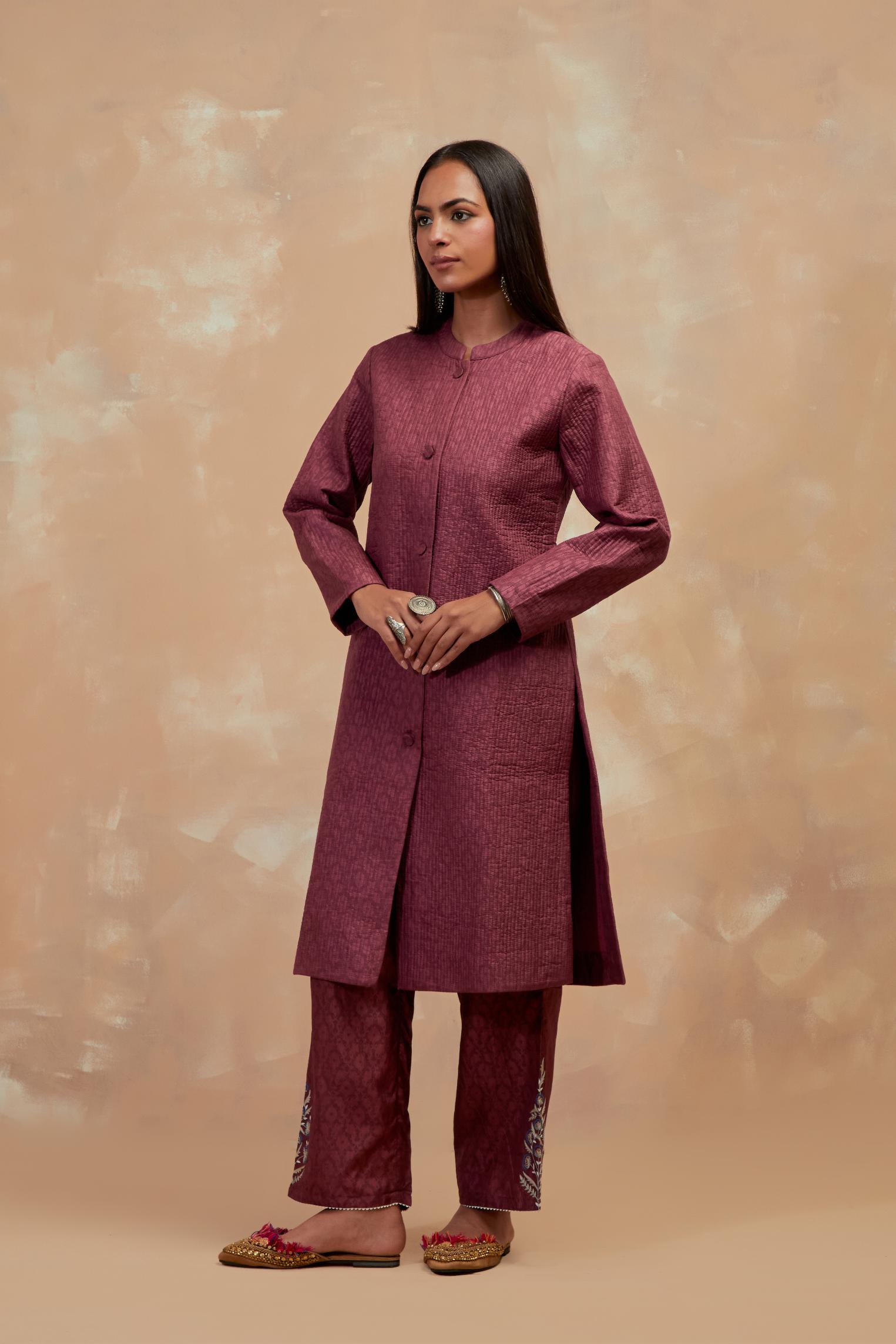 Deep berry silk, quilted mid- length front open jacket with all-over hand block print.