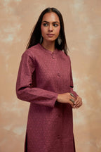 Deep berry silk, quilted mid- length front open jacket with all-over hand block print.