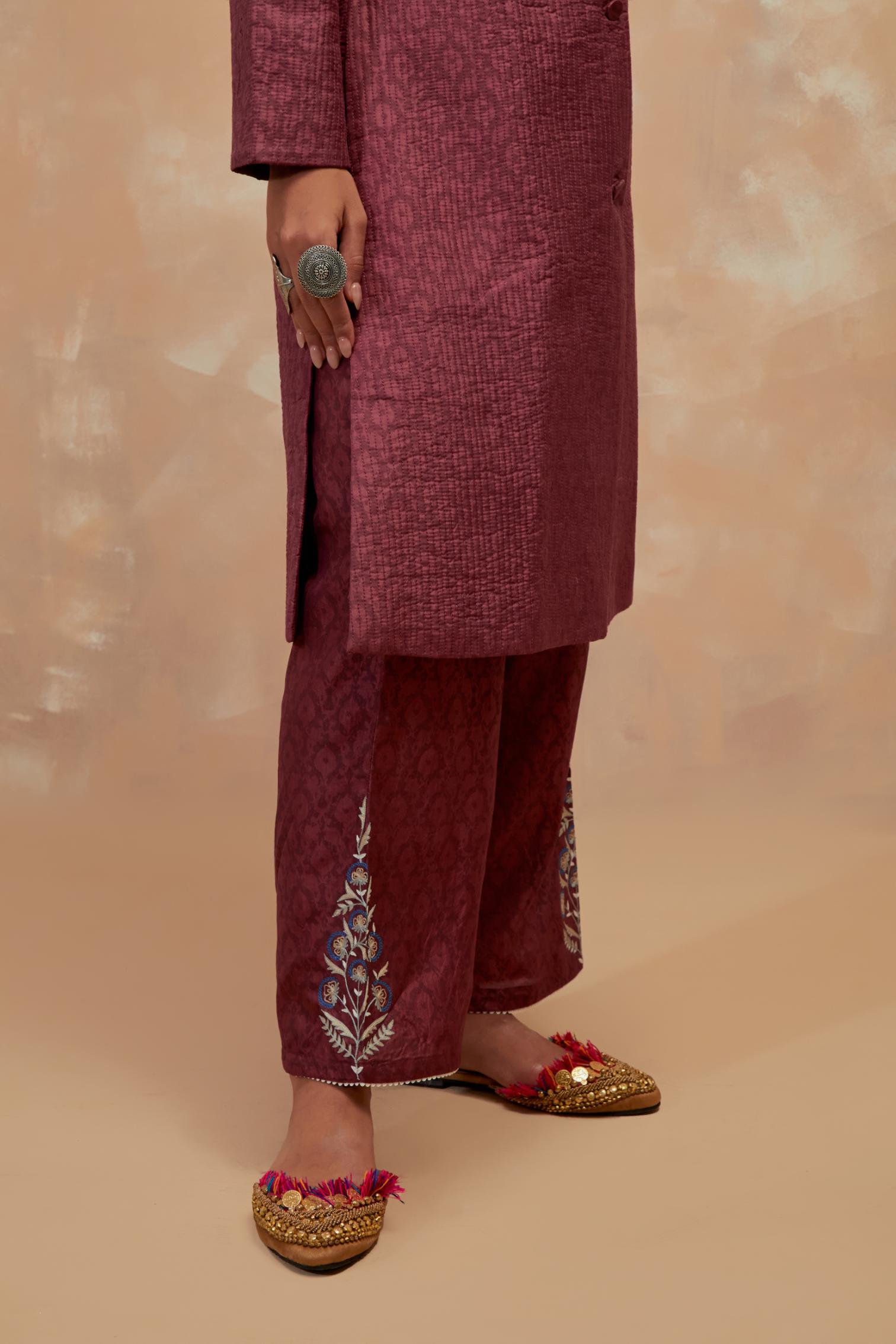 Deep berry silk, quilted mid- length front open jacket with all-over hand block print.
