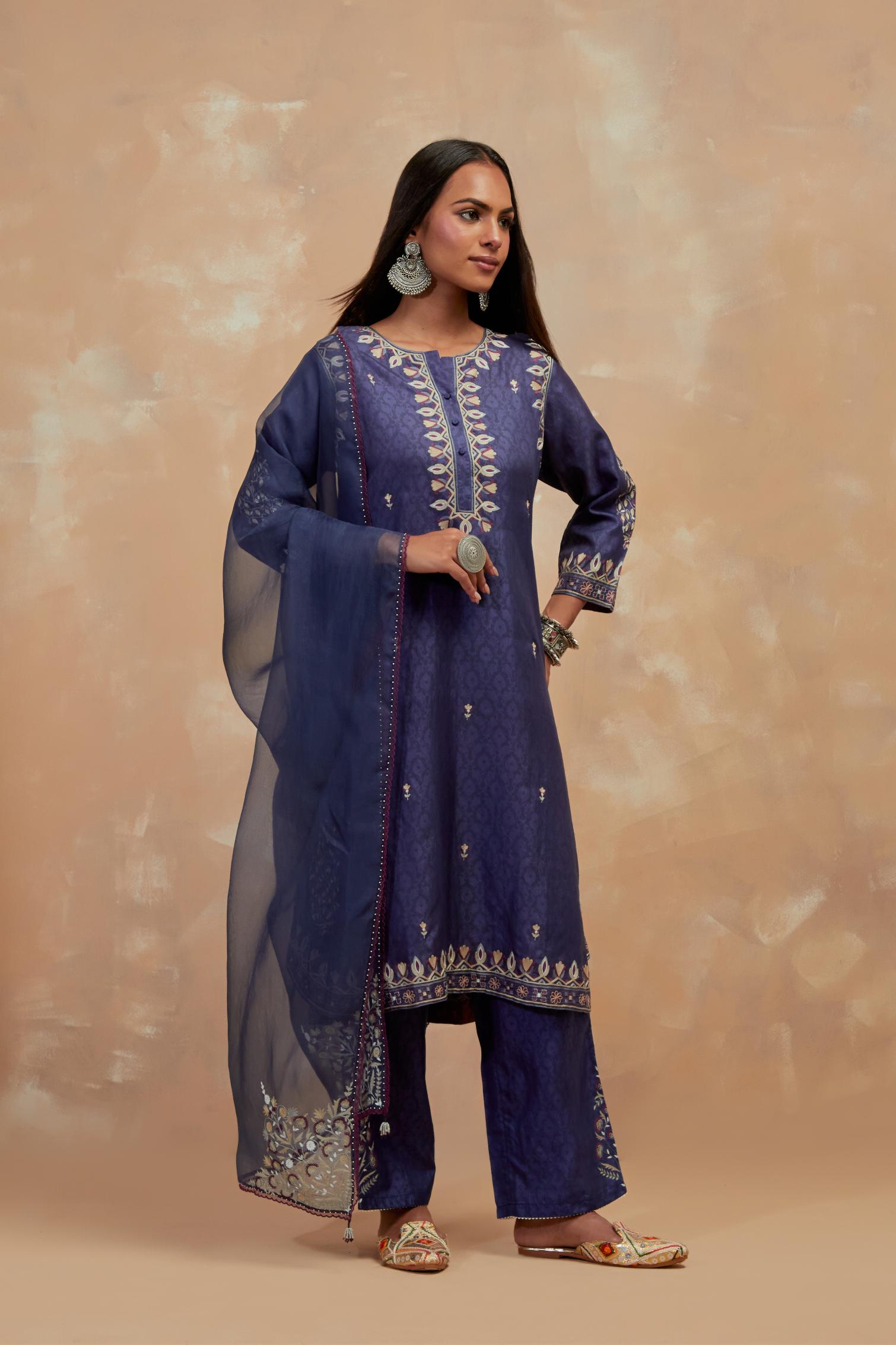 Dark Blue silk organza dupatta with multi colored silk thread embroidery at dupatta all four corners.