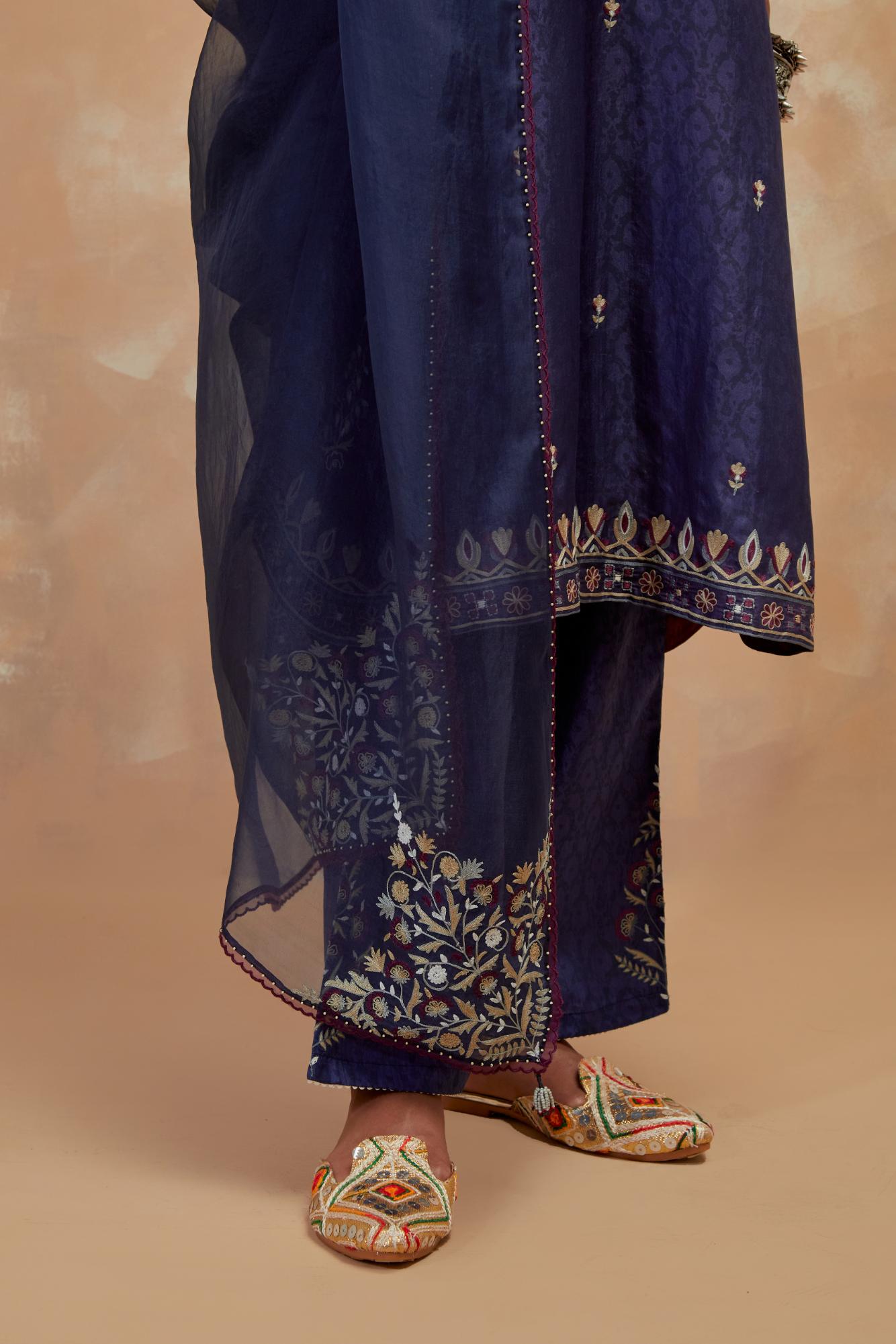 Dark Blue silk organza dupatta with multi colored silk thread embroidery at dupatta all four corners.